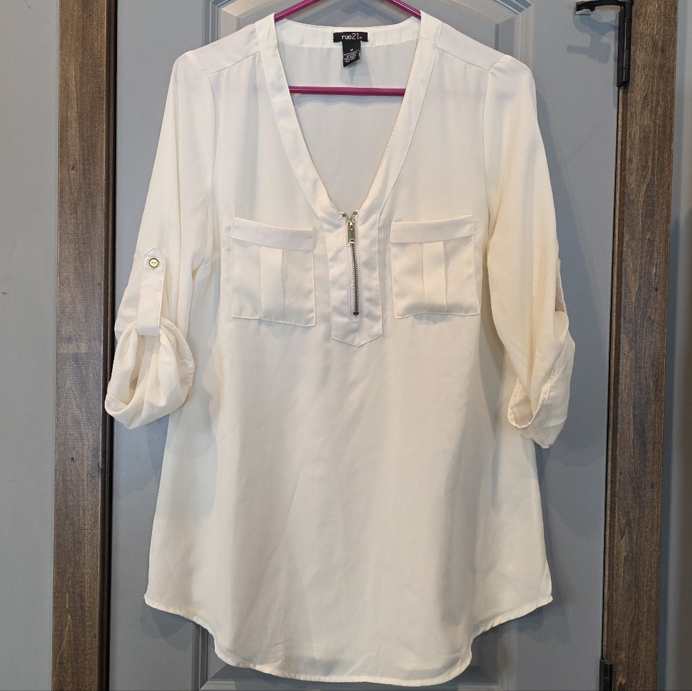 Rue21 Cream V-Neck Blouse with Roll-Up Sleeves